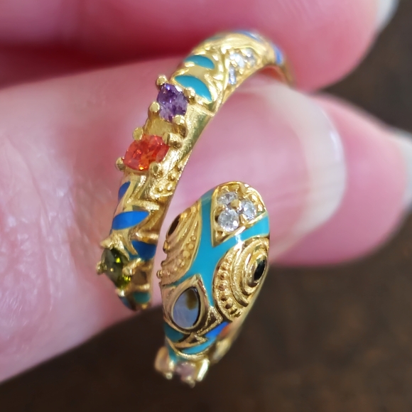 18KT GOLD/925 STERLING SILVER TURQUOISE DIAMOND EMERALD SNAKE ADJUSTABLE RING - Picture 3 of 16